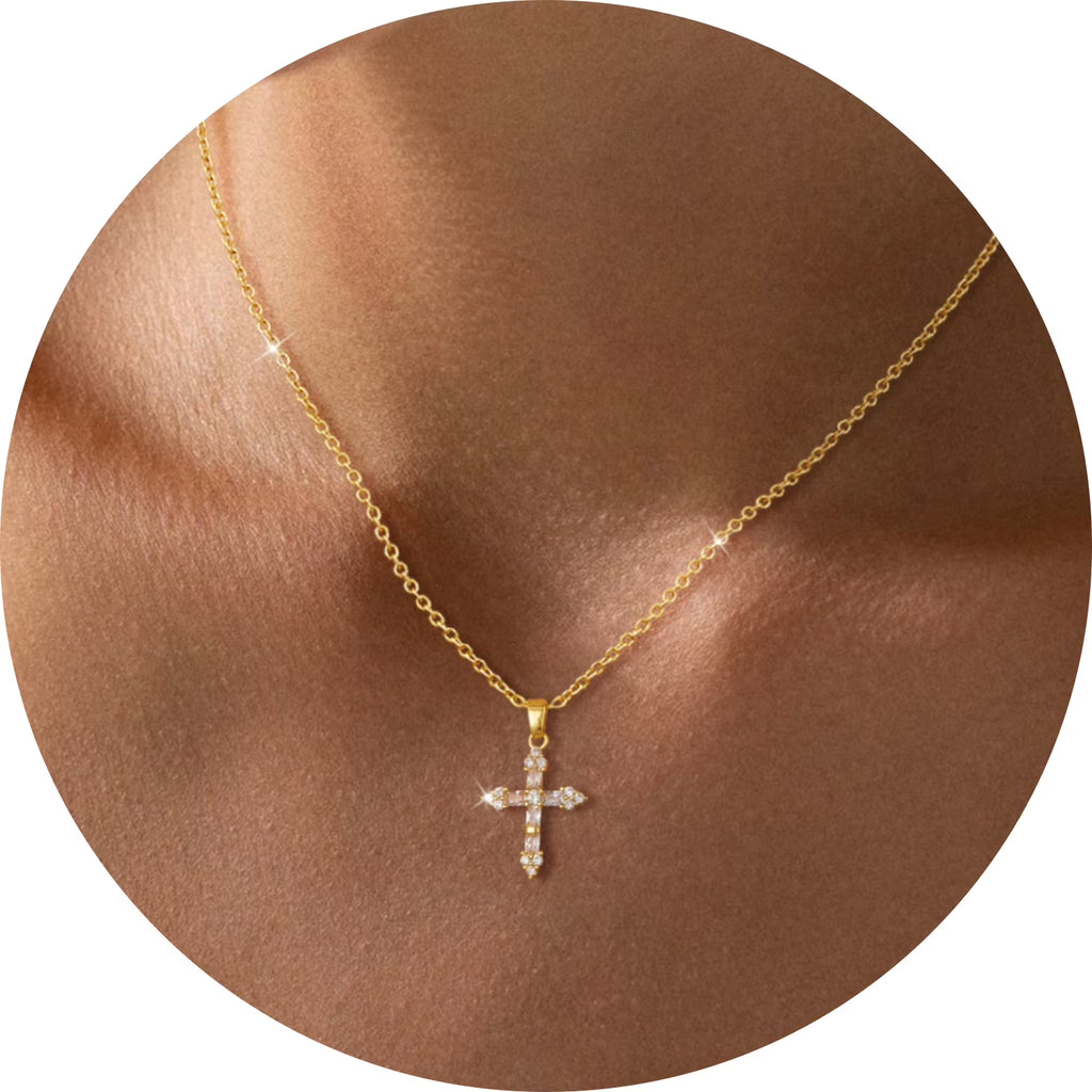 GOSFRY Cross Necklace for Woman Dainty Fashion 14K Real Gold Plated Zircon Cross Necklace Simple Small Cute Aesthetic Non Tarnish Waterproof Necklaces Easter Christian Religious Faith Jewelry Gifts