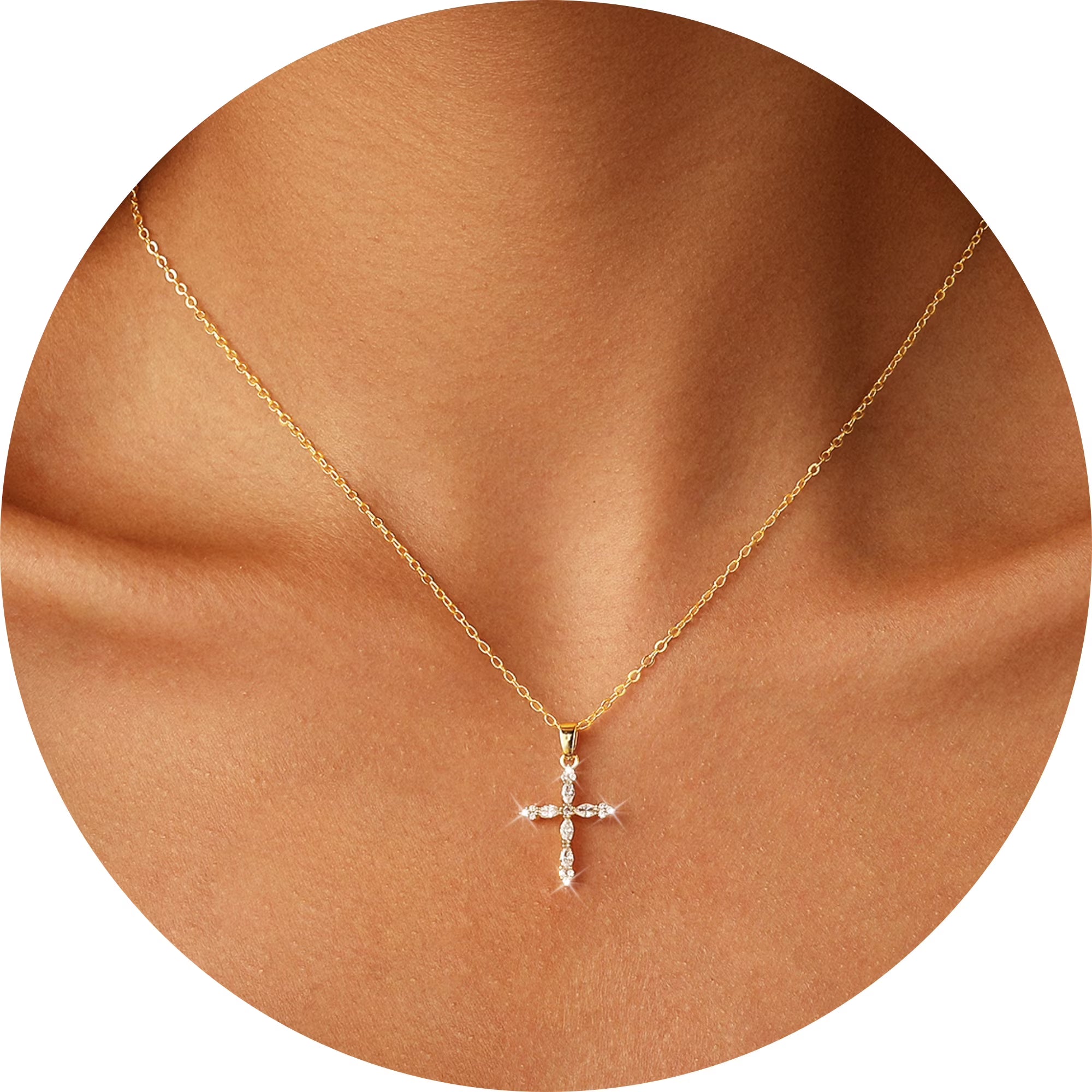 GOSFRY Cross Necklace for Woman Dainty Fashion 14K Real Gold Plated Zircon Cross Necklace Simple Small Cute Aesthetic Non Tarnish Waterproof Necklaces Easter Christian Religious Faith Jewelry Gifts
