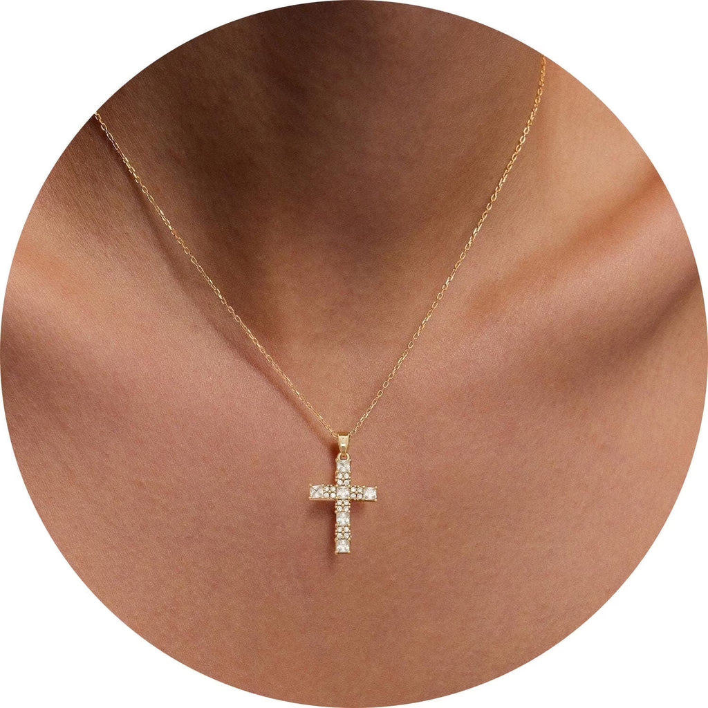 GOSFRY Cross Necklace for Woman Dainty Fashion 14K Real Gold Plated Zircon Cross Necklace Simple Small Cute Aesthetic Non Tarnish Waterproof Necklaces Easter Christian Religious Faith Jewelry Gifts