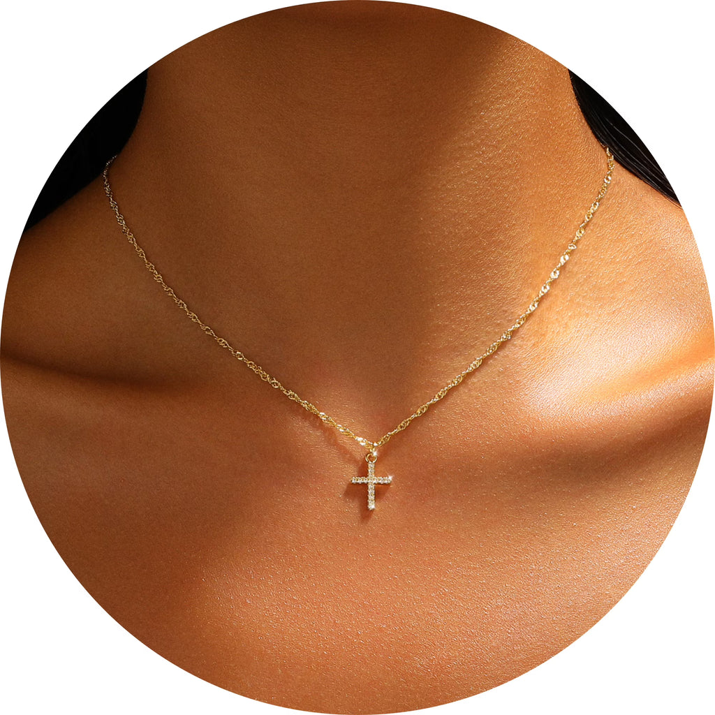 GOSFRY Cross Necklace for Woman Dainty Fashion 14K Real Gold Plated Zircon Cross Necklace Simple Small Cute Aesthetic Non Tarnish Waterproof Necklaces Easter Christian Religious Faith Jewelry Gifts