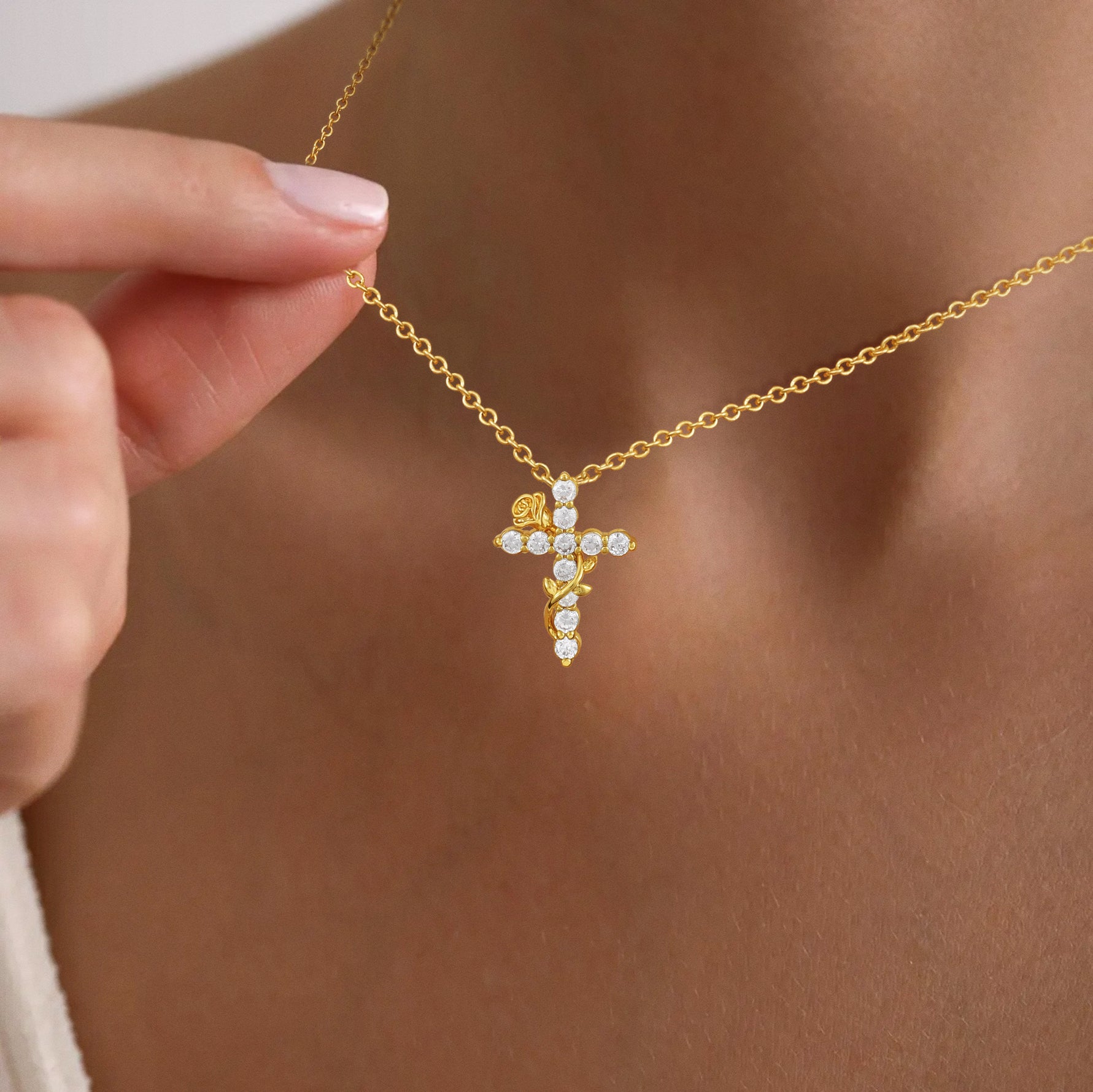 GOSFRY Cross Necklace for Woman Dainty Fashion 14K Real Gold Plated Zircon Cross Necklace Simple Small Cute Aesthetic Non Tarnish Waterproof Necklaces Easter Christian Religious Faith Jewelry Gifts