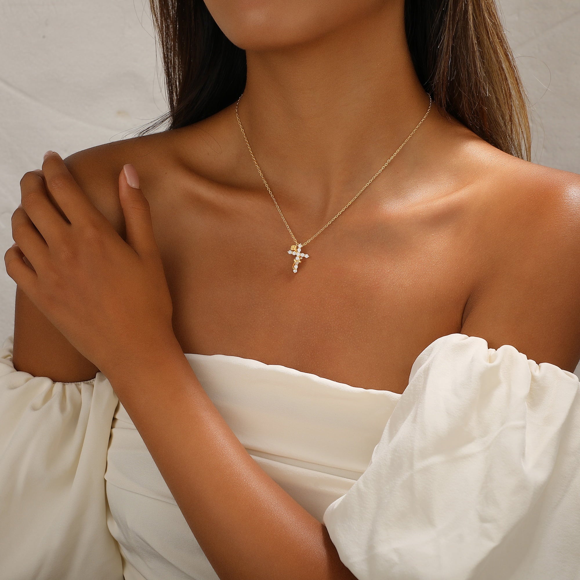 GOSFRY Cross Necklace for Woman Dainty Fashion 14K Real Gold Plated Zircon Cross Necklace Simple Small Cute Aesthetic Non Tarnish Waterproof Necklaces Easter Christian Religious Faith Jewelry Gifts