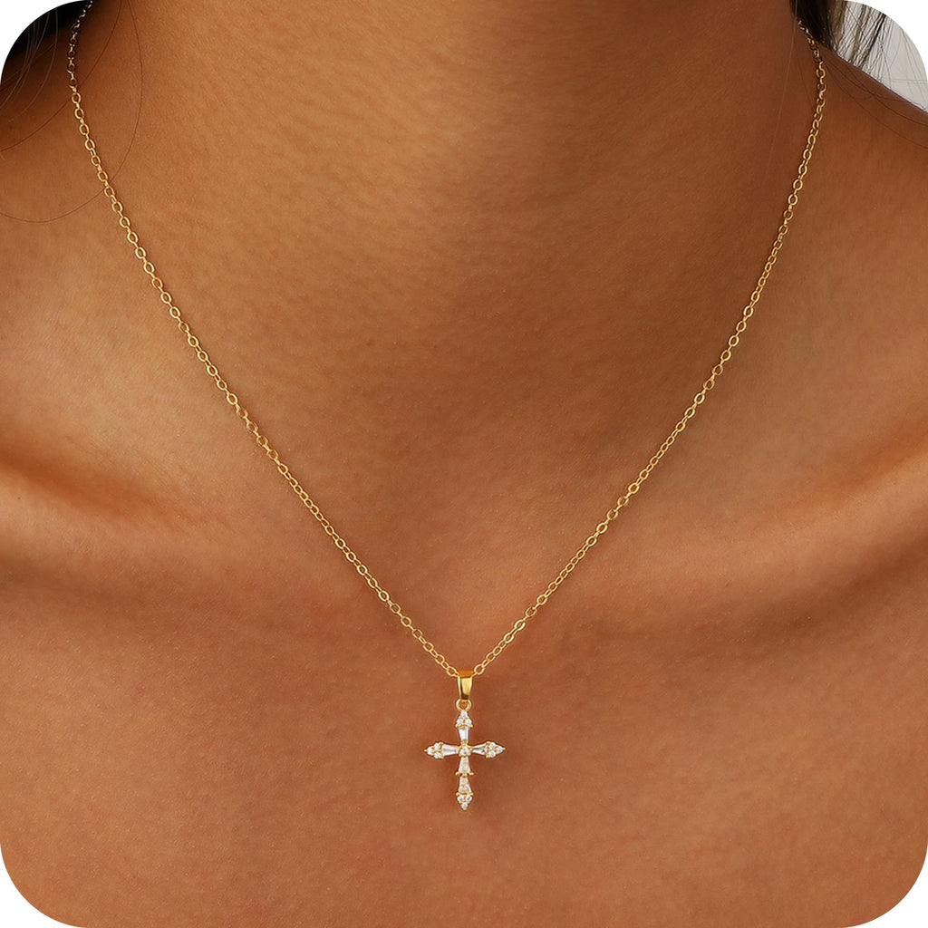 GOSFRY Cross Necklace for Woman Dainty Fashion 14K Real Gold Plated Zircon Cross Necklace Simple Small Cute Aesthetic Non Tarnish Waterproof Necklaces Easter Christian Religious Faith Jewelry Gifts