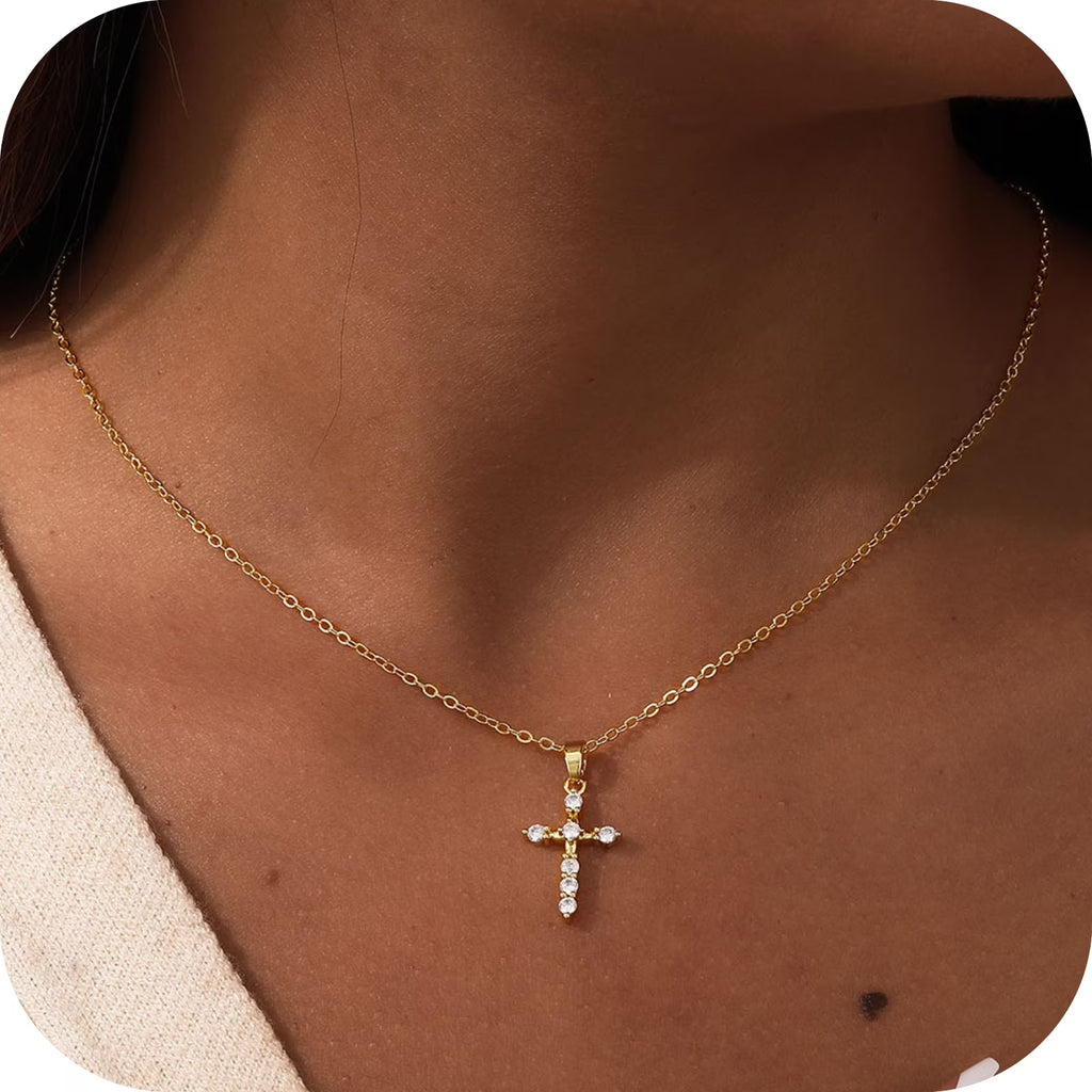 GOSFRY Cross Necklace for Woman Dainty Fashion 14K Real Gold Plated Zircon Cross Necklace Simple Small Cute Aesthetic Non Tarnish Waterproof Necklaces Easter Christian Religious Faith Jewelry Gifts