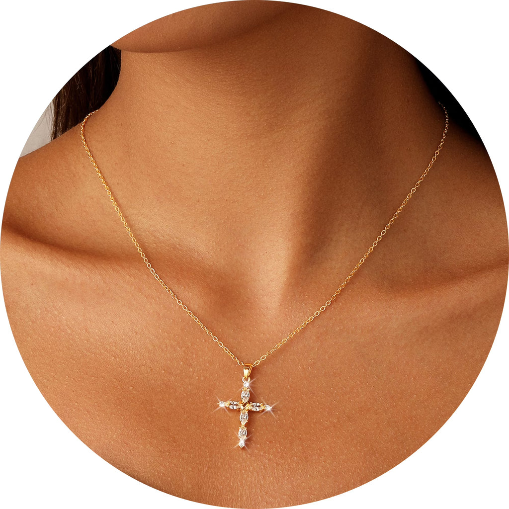 GOSFRY Cross Necklace for Woman Dainty Fashion 14K Real Gold Plated Zircon Cross Necklace Simple Small Cute Aesthetic Non Tarnish Waterproof Necklaces Easter Christian Religious Faith Jewelry Gifts