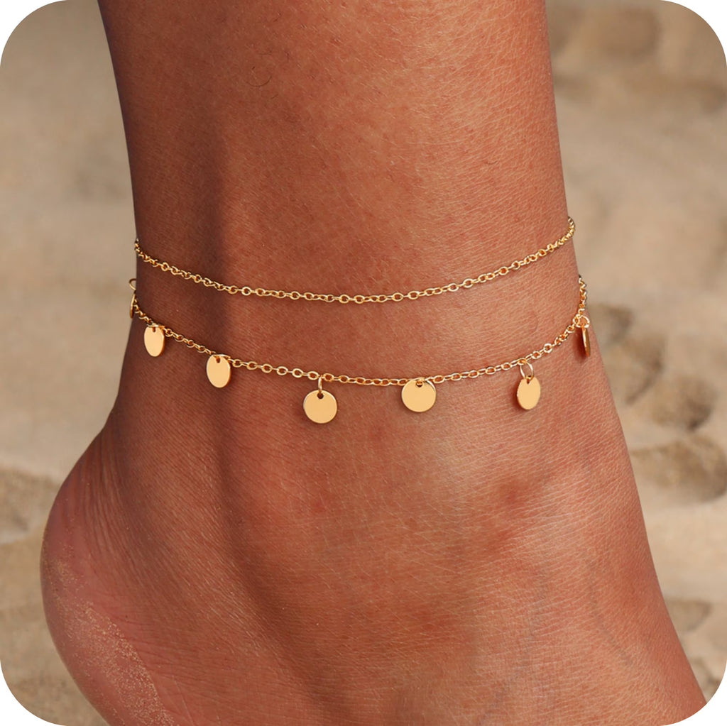 GOSFRY 14K Gold Plated Anklet Bracelets for Women Love Waterproof Stackable Set Dainty Summer Beach  Seaside Anklet Jewelry Gifts