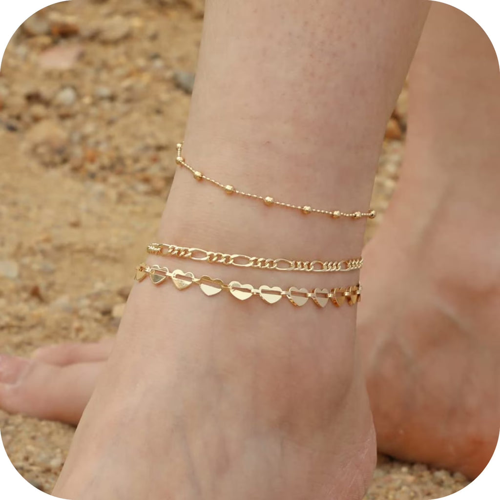 GOSFRY 14K Gold Plated Anklet Bracelets for Women Love Waterproof Stackable Set Dainty Summer Beach  Seaside Anklet Jewelry Gifts