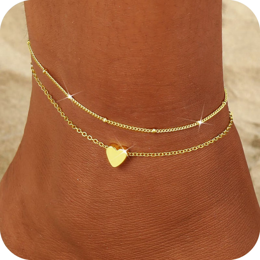 GOSFRY 14K Gold Plated Anklet Bracelets for Women Love Waterproof Stackable Set Dainty Summer Beach  Seaside Anklet Jewelry Gifts