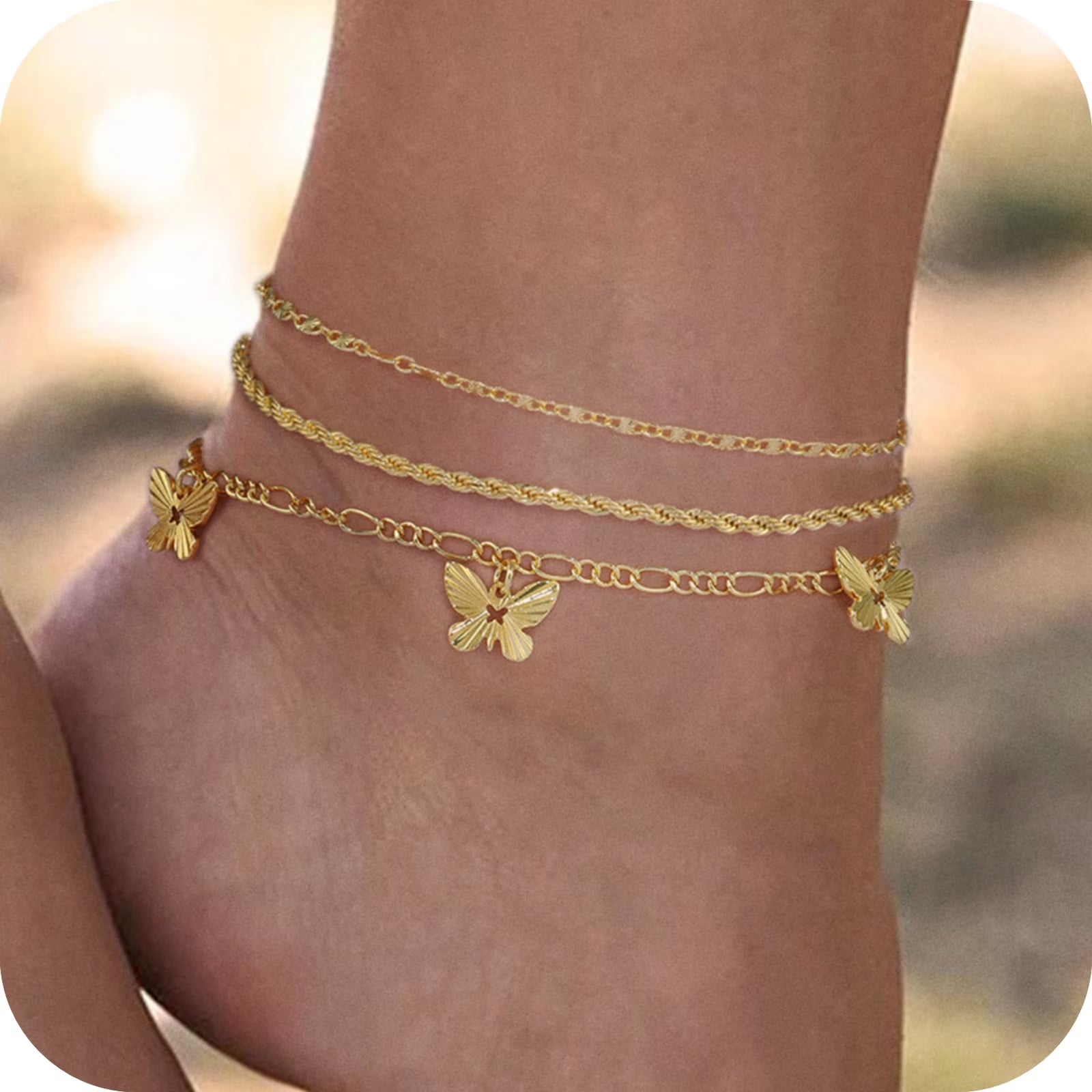 GOSFRY 14K Gold Plated Anklet Bracelets for Women Love Waterproof Stackable Set Dainty Summer Beach  Seaside Anklet Jewelry Gifts