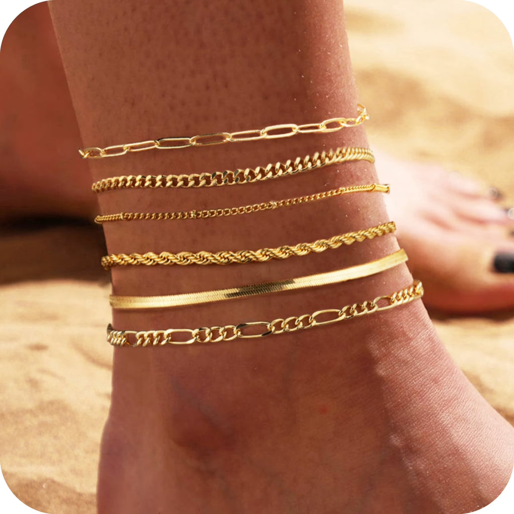 GOSFRY 14K Gold Plated Anklet Bracelets for Women Love Waterproof Stackable Set Dainty Summer Beach  Seaside Anklet Jewelry Gifts