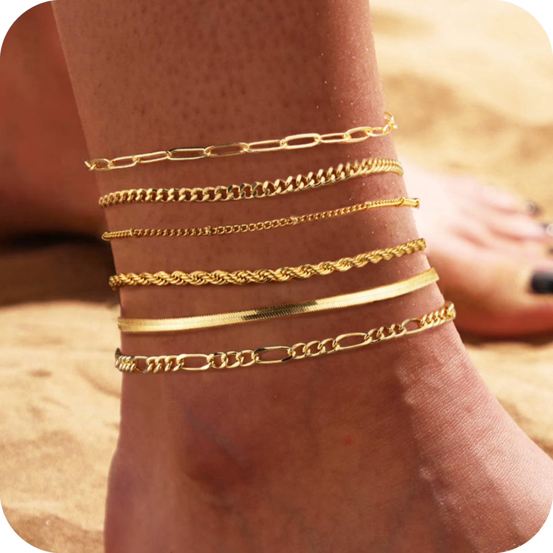 GOSFRY 14K Gold Plated Anklet Bracelets for Women Love Waterproof Stackable Set Dainty Summer Beach  Seaside Anklet Jewelry Gifts