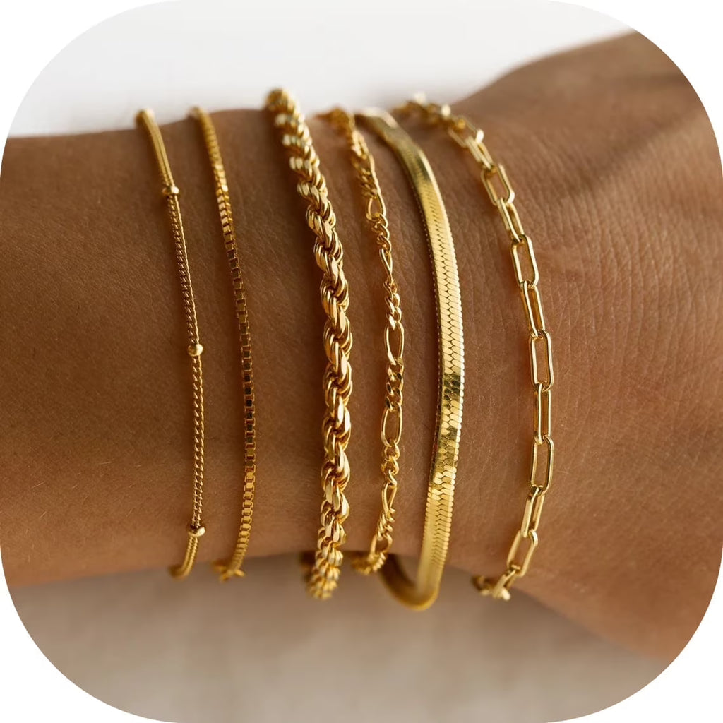 GOSFRY 6PCS Bracelets for Women 14K Gold Plated Trendy Dainty Layered Stacking Jewelry Set Gifts