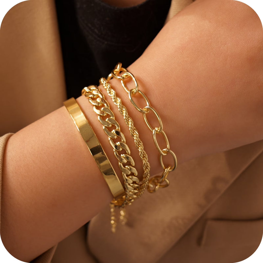 GOSFRY 6PCS Bracelets for Women 14K Gold Plated Trendy Dainty Layered Stacking Jewelry Set Gifts