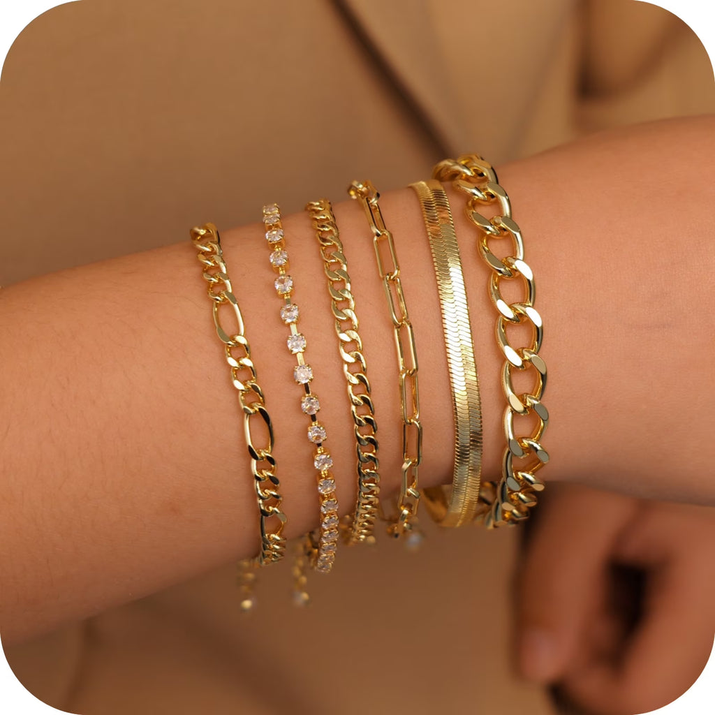 GOSFRY 6PCS Bracelets for Women 14K Gold Plated Trendy Dainty Layered Stacking Jewelry Set Gifts