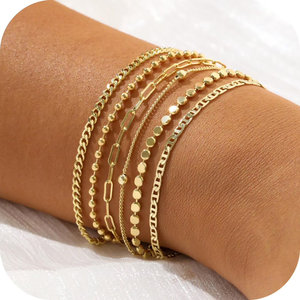 GOSFRY 6PCS Bracelets for Women 14K Gold Plated Trendy Dainty Layered Stacking Jewelry Set Gifts