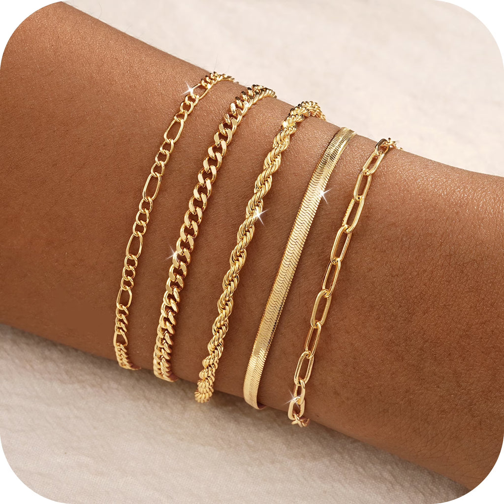 GOSFRY 6PCS Bracelets for Women 14K Gold Plated Trendy Dainty Layered Stacking Jewelry Set Gifts