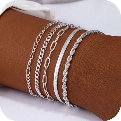 GOSFRY 14K Gold Plated Layered Bracelets for Women, 6 Pcs Stackable Paperclip Figaro Chain Bracelet Set Cute Trendy Dainty Gold Plated Jewelry Gifts
