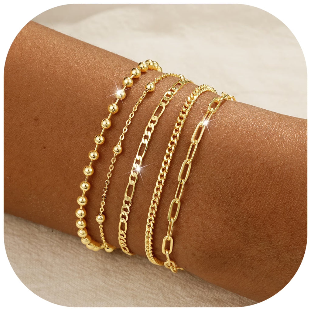 GOSFRY 6PCS Bracelets for Women 14K Gold Plated Trendy Dainty Layered Stacking Jewelry Set Gifts