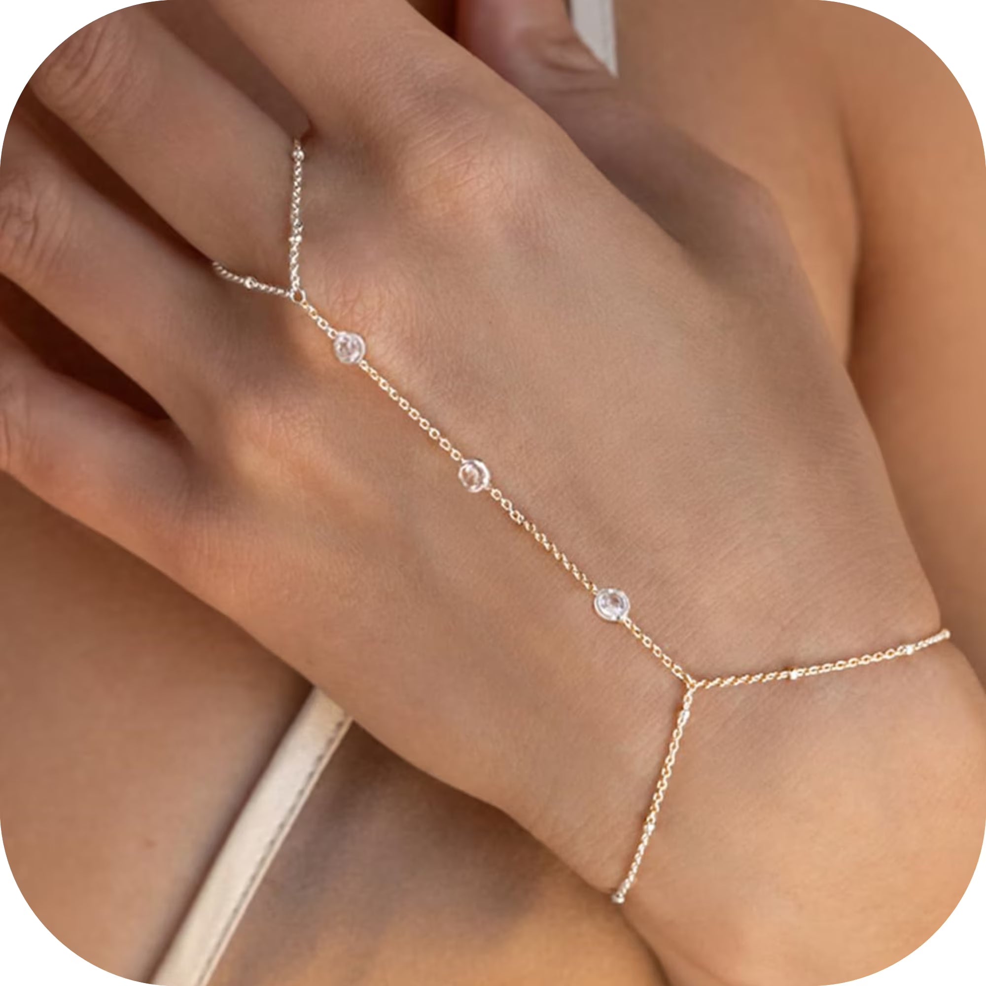 GOSFRY 14K Gold Plated Hand Chain Bracelet for Women-Hypoallergenic Waterproof Hand Chain Ring Bracelet Body Jewelry Gift