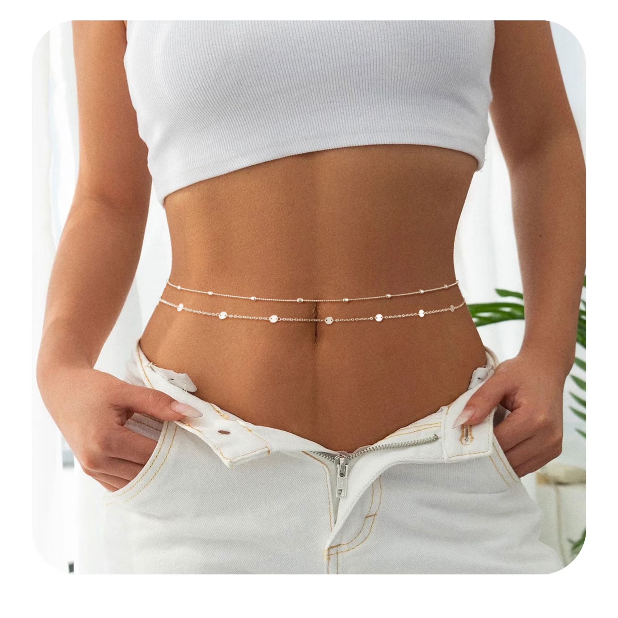 GOSFRY Belly Waist Chain for Women 14K Gold Plated Layered Adjustable Body Chains Boho Pearl Bead Belly Sexy Bikini Body Jewelry