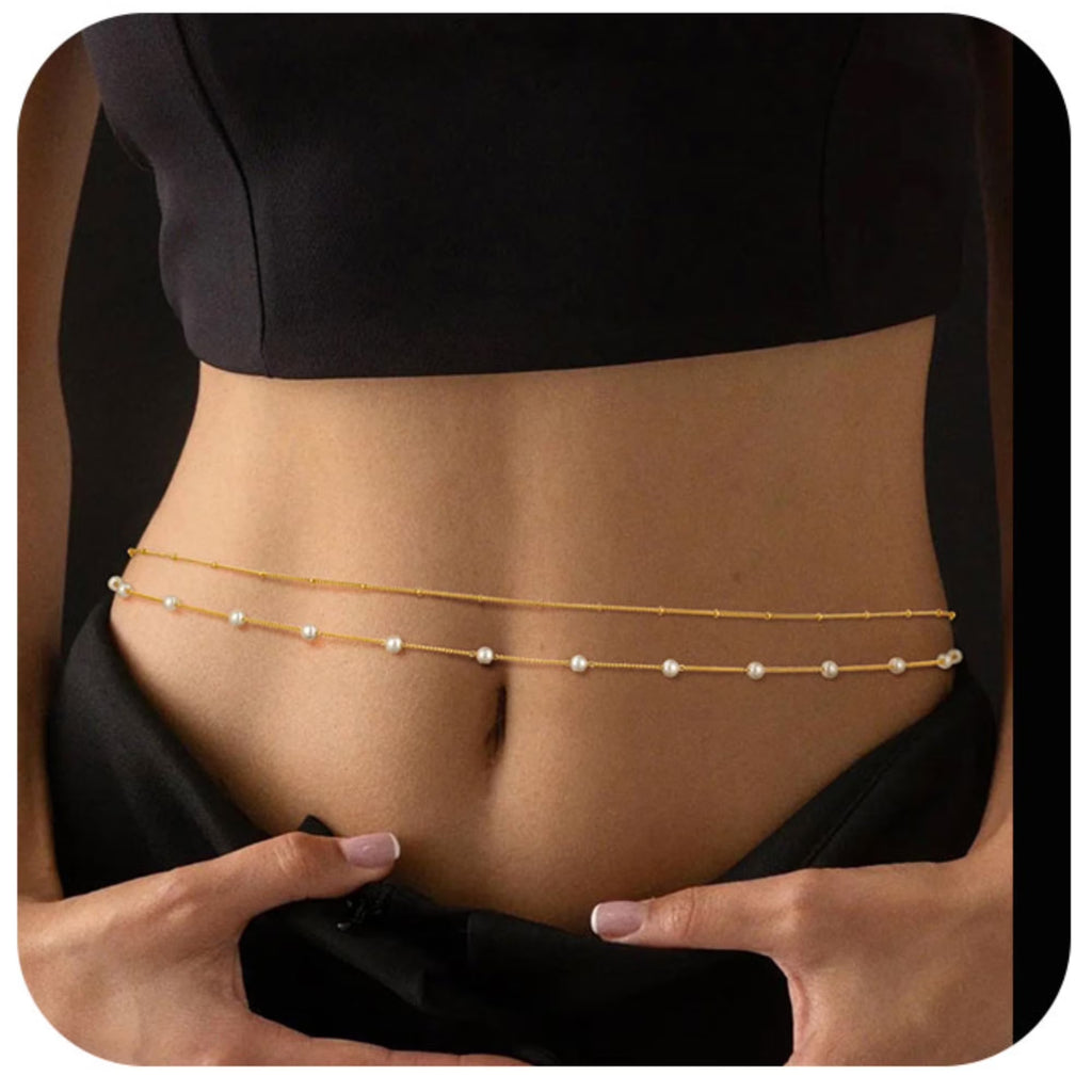 GOSFRY Belly Waist Chain for Women 14K Gold Plated Layered Adjustable Body Chains Boho Pearl Bead Belly Sexy Bikini Body Jewelry