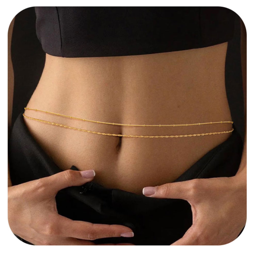 GOSFRY Belly Waist Chain for Women 14K Gold Plated Layered Adjustable Body Chains Boho Pearl Bead Belly Sexy Bikini Body Jewelry