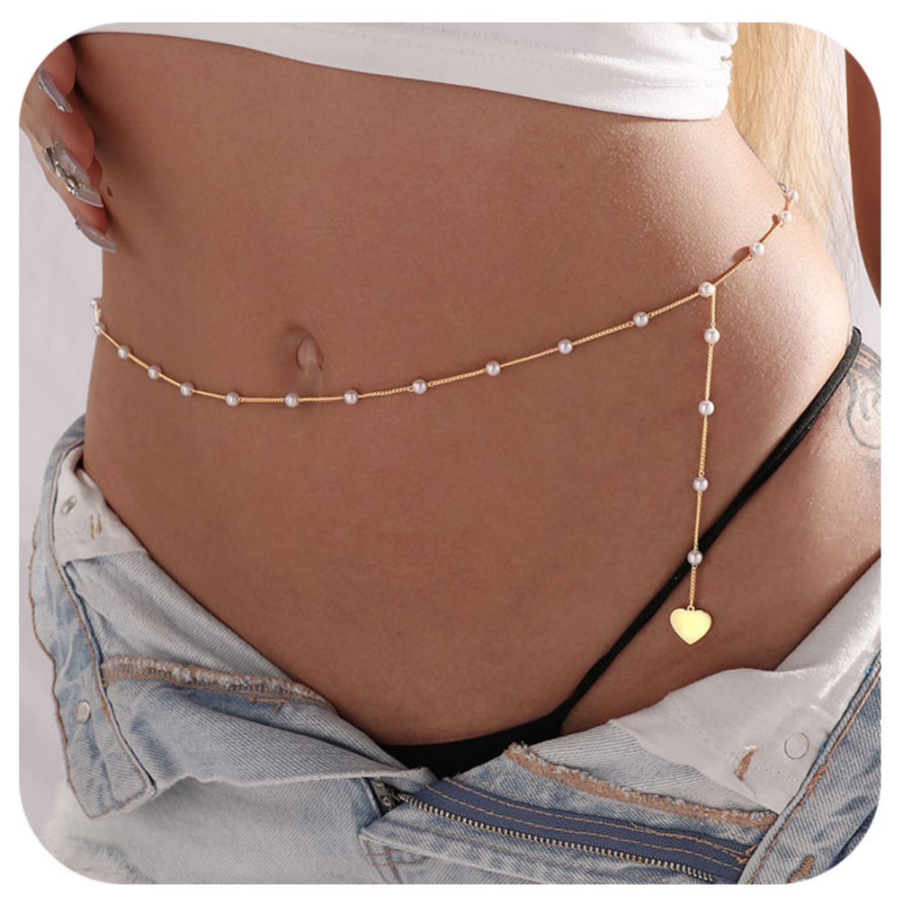 GOSFRY Belly Waist Chain for Women 14K Gold Plated Layered Adjustable Body Chains Boho Pearl Bead Belly Sexy Bikini Body Jewelry