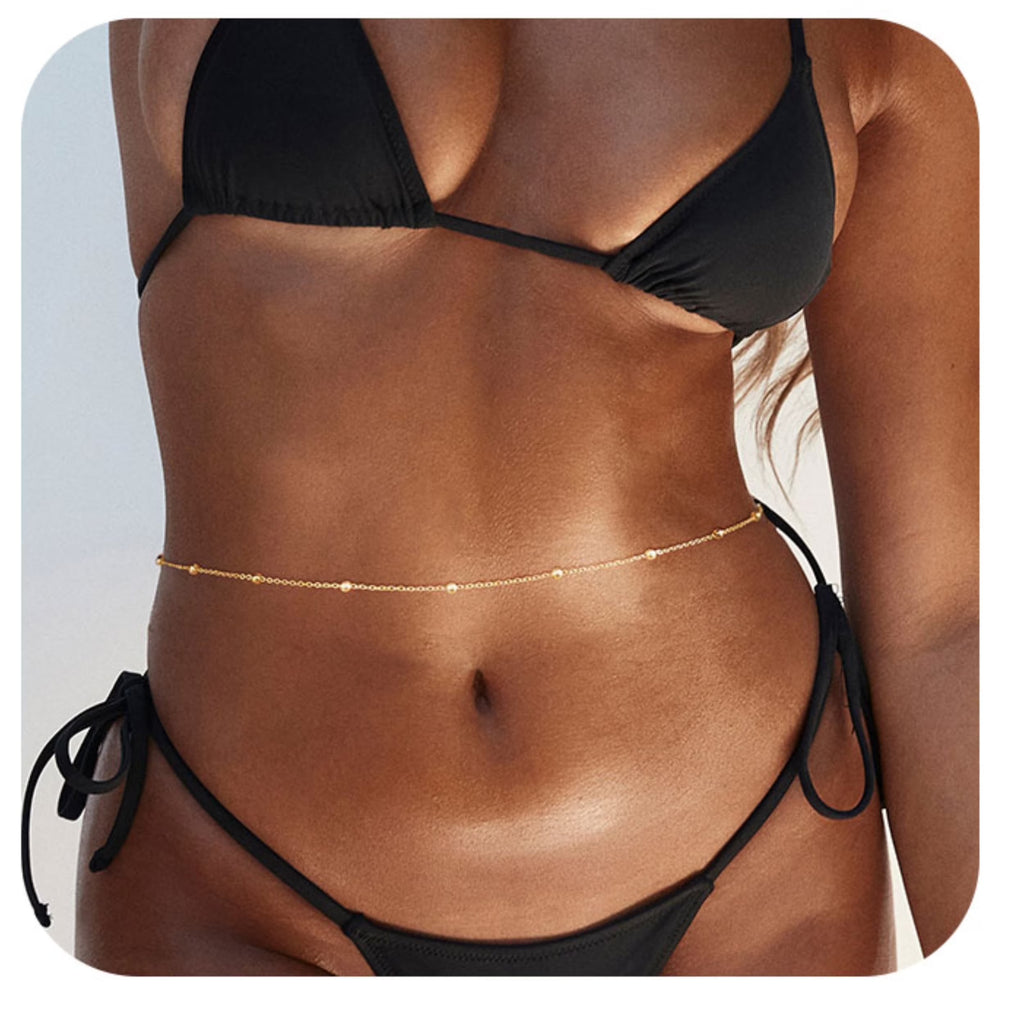 GOSFRY Belly Waist Chain for Women 14K Gold Plated Layered Adjustable Body Chains Boho Pearl Bead Belly Sexy Bikini Body Jewelry