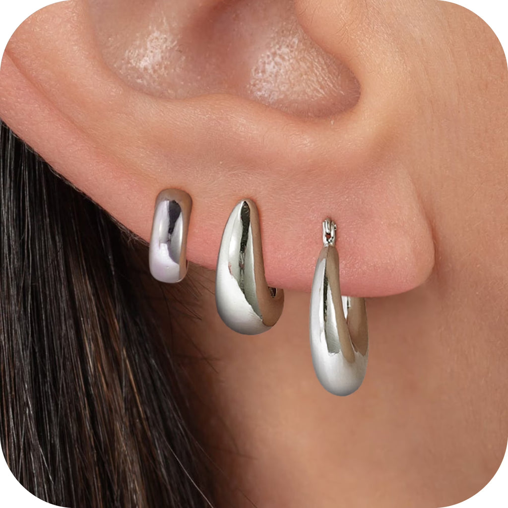 GOSFRY Silver Plated Hoop Earrings Set for Women Trendy Chunky Hypoallergenic Small Cartilage Hoops Cute Cubic Zirconia Earrings Jewelry Gifts