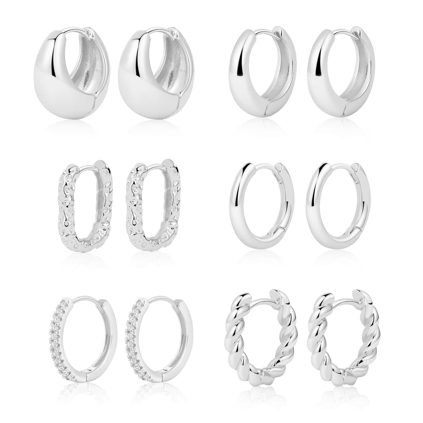 GOSFRY Silver Plated Hoop Earrings Set for Women Trendy Chunky Hypoallergenic Small Cartilage Hoops Cute Cubic Zirconia Earrings Jewelry Gifts