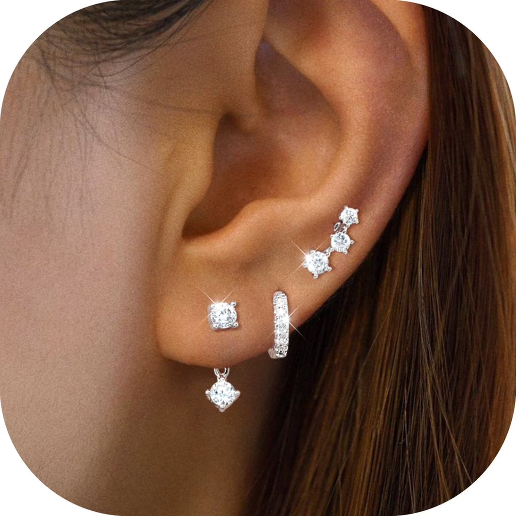 GOSFRY Silver Plated Hoop Earrings Set for Women Trendy Chunky Hypoallergenic Small Cartilage Hoops Cute Cubic Zirconia Earrings Jewelry Gifts