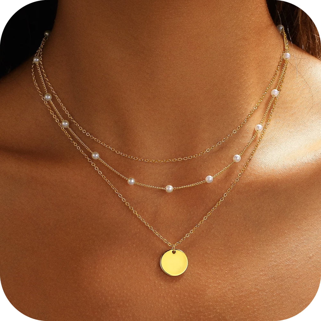 GOSFRY 3 layer 14K Gold/Silver Plated Necklaces Set for Women Dainty Stackable Circle Pendant Chain Perfect Jewelry Gifts