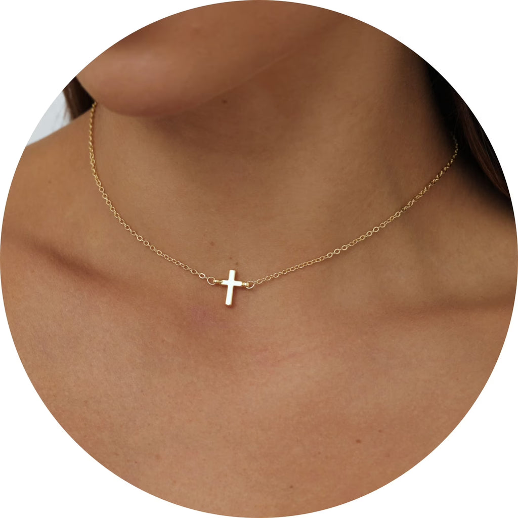 GOSFRY Cross Necklace for Women 14K Real Gold Plated Dainty Small Cross Pendant Choker Simple Trendy Cute Easter Religious Faith Jewelry Gift