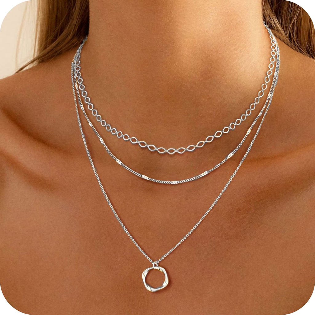 GOSFRY 3 layer 14K Gold/Silver Plated Necklaces Set for Women Dainty Stackable Circle Pendant Chain Perfect Jewelry Gifts