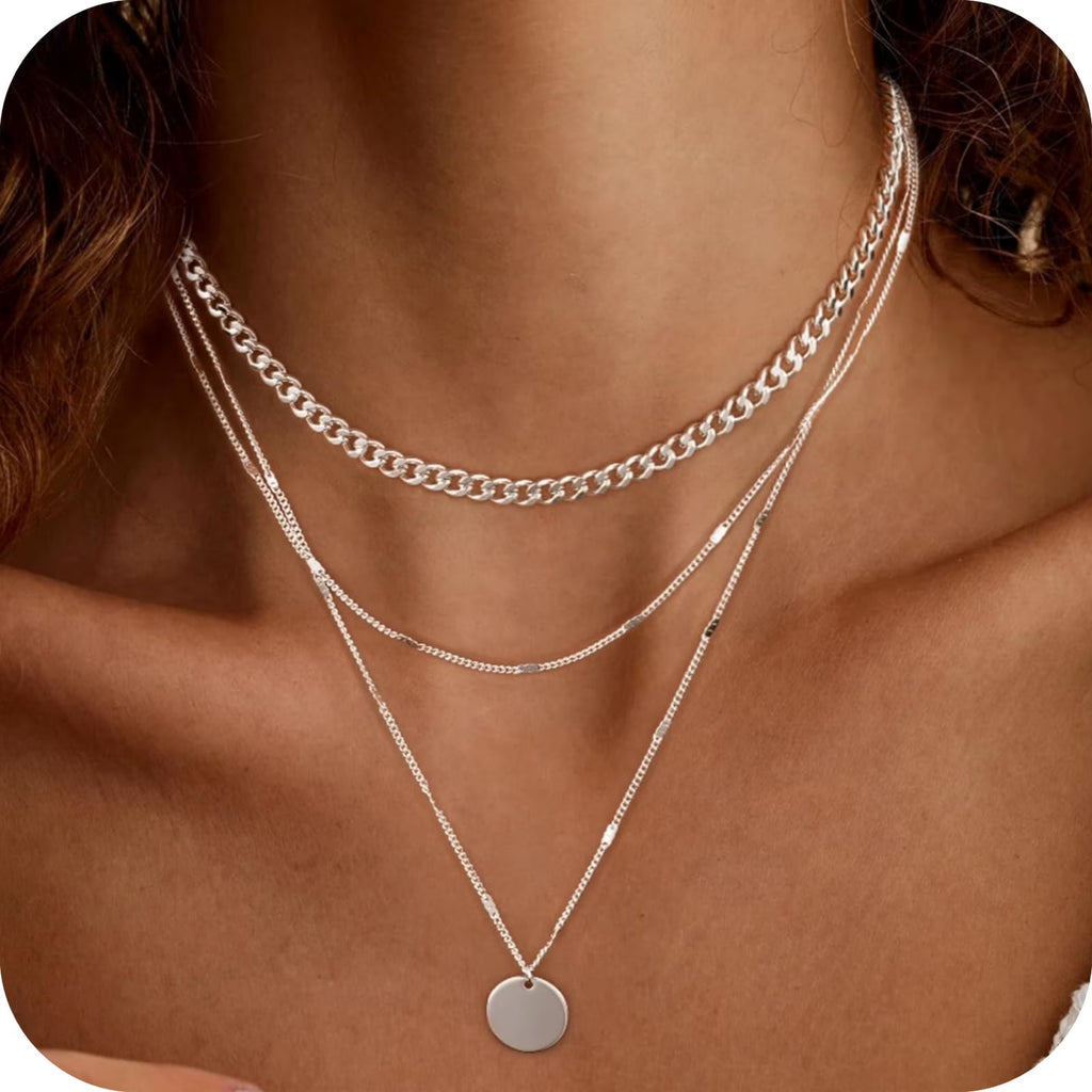 GOSFRY 3 layer 14K Gold/Silver Plated Necklaces Set for Women Dainty Stackable Circle Pendant Chain Perfect Jewelry Gifts