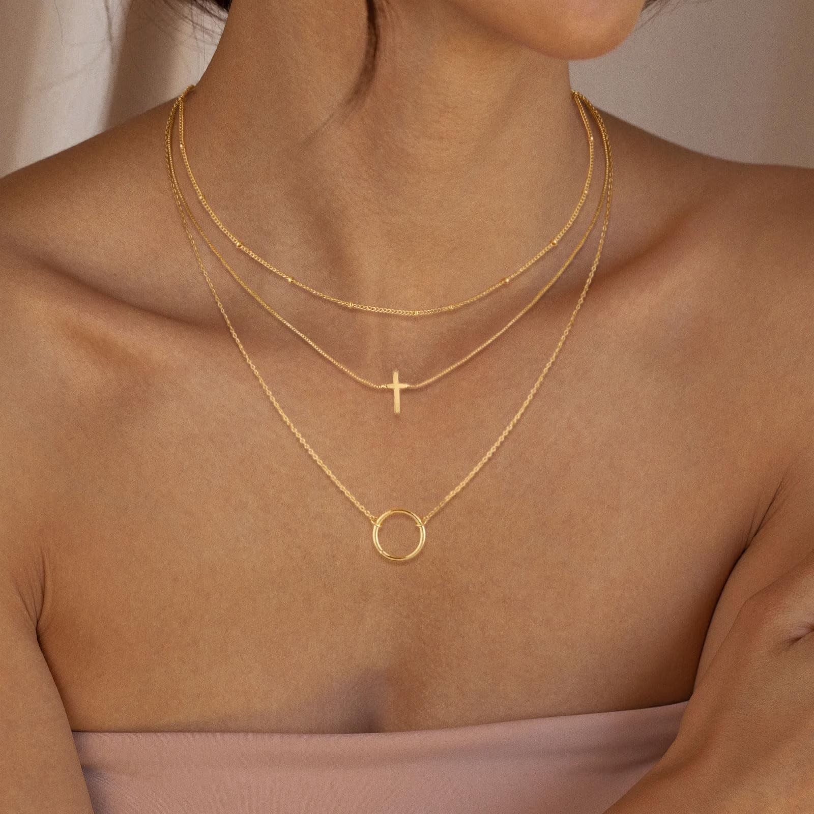 GOSFRY 3 layer 14K Gold/Silver Plated Necklaces Set for Women Dainty Stackable Circle Pendant Chain Perfect Jewelry Gifts