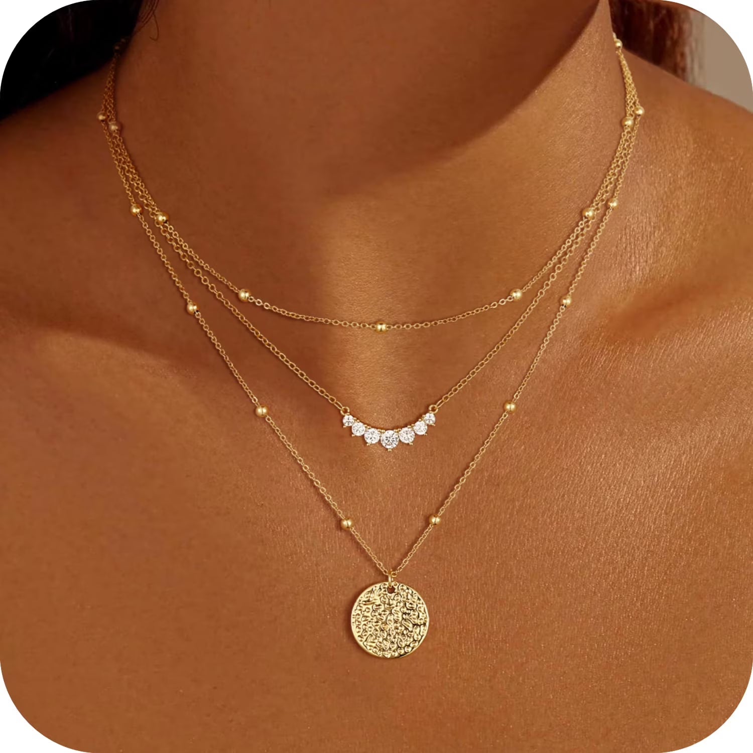 GOSFRY 3 layer 14K Gold/Silver Plated Necklaces Set for Women Dainty Stackable Circle Pendant Chain Perfect Jewelry Gifts
