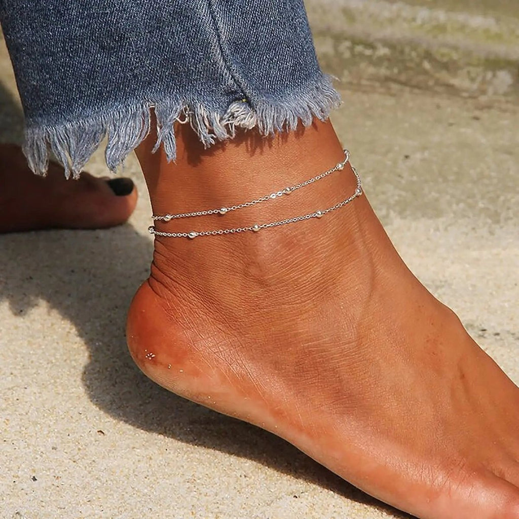 Gosfry Layered Silver Bead Ankle Bracelets - GOSFRY