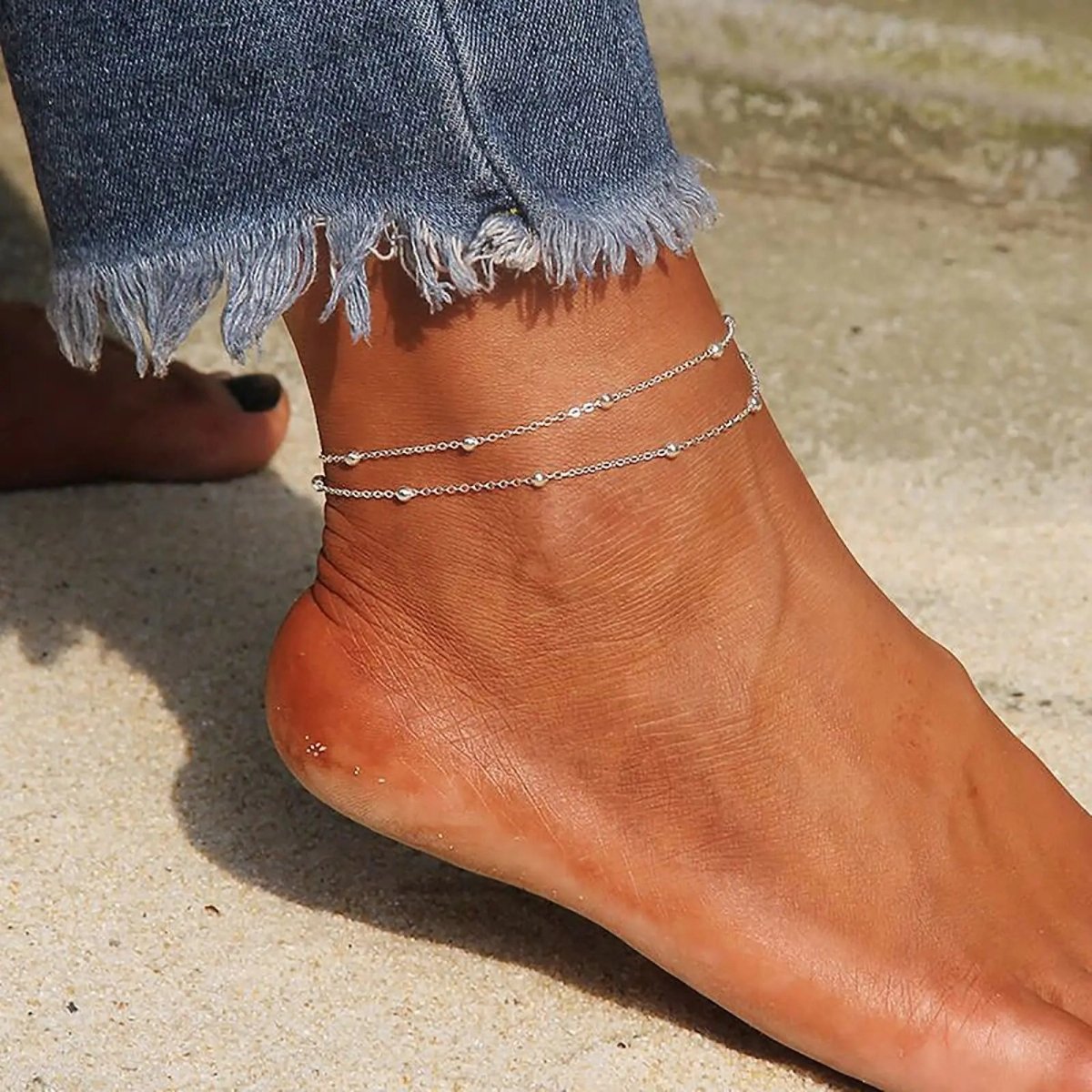 Gosfry Layered Silver Bead Ankle Bracelets - GOSFRY