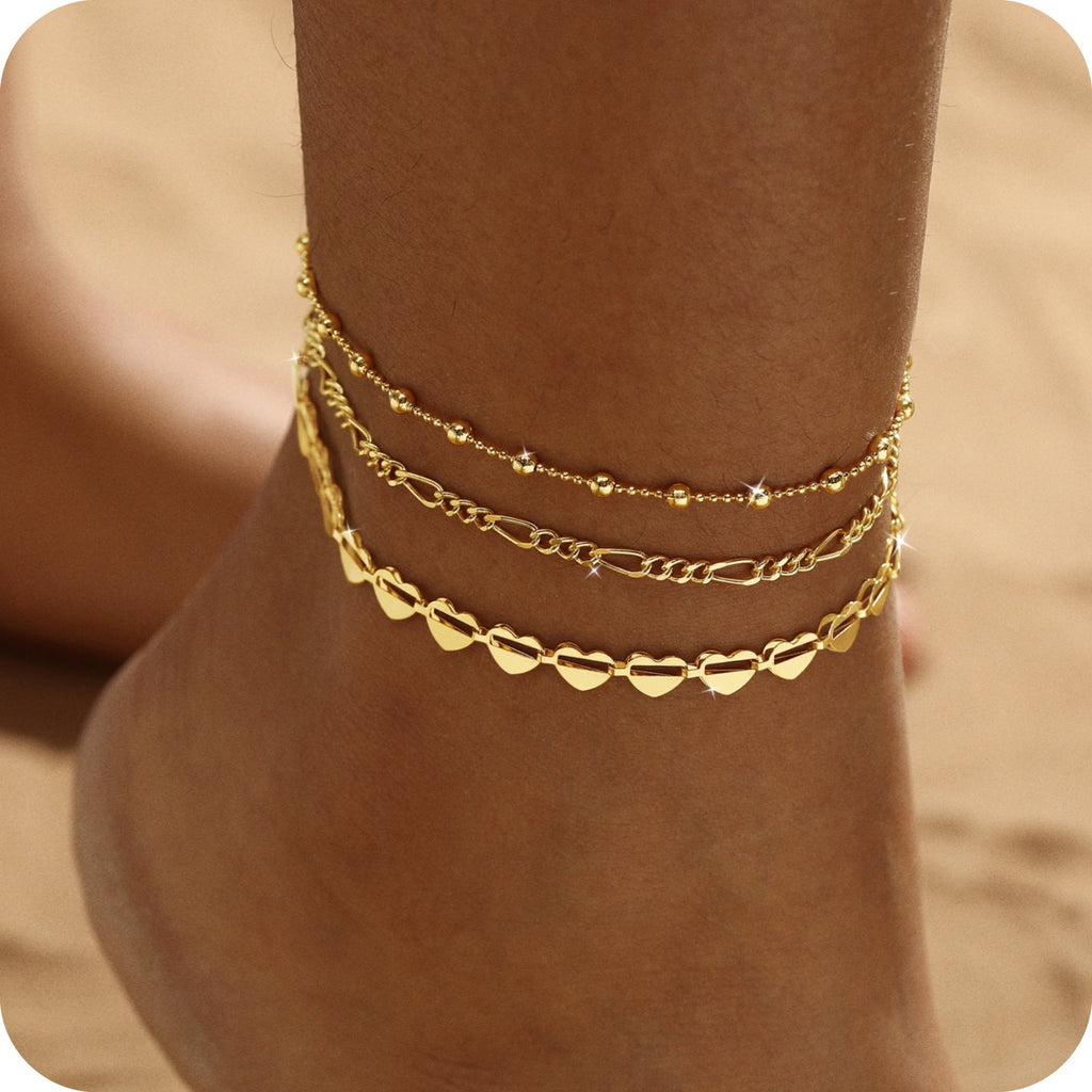 GOSFRY 14K Gold Plated Anklet Bracelets for Women Love Waterproof Stackable Set Dainty Summer Beach  Seaside Anklet Jewelry Gifts