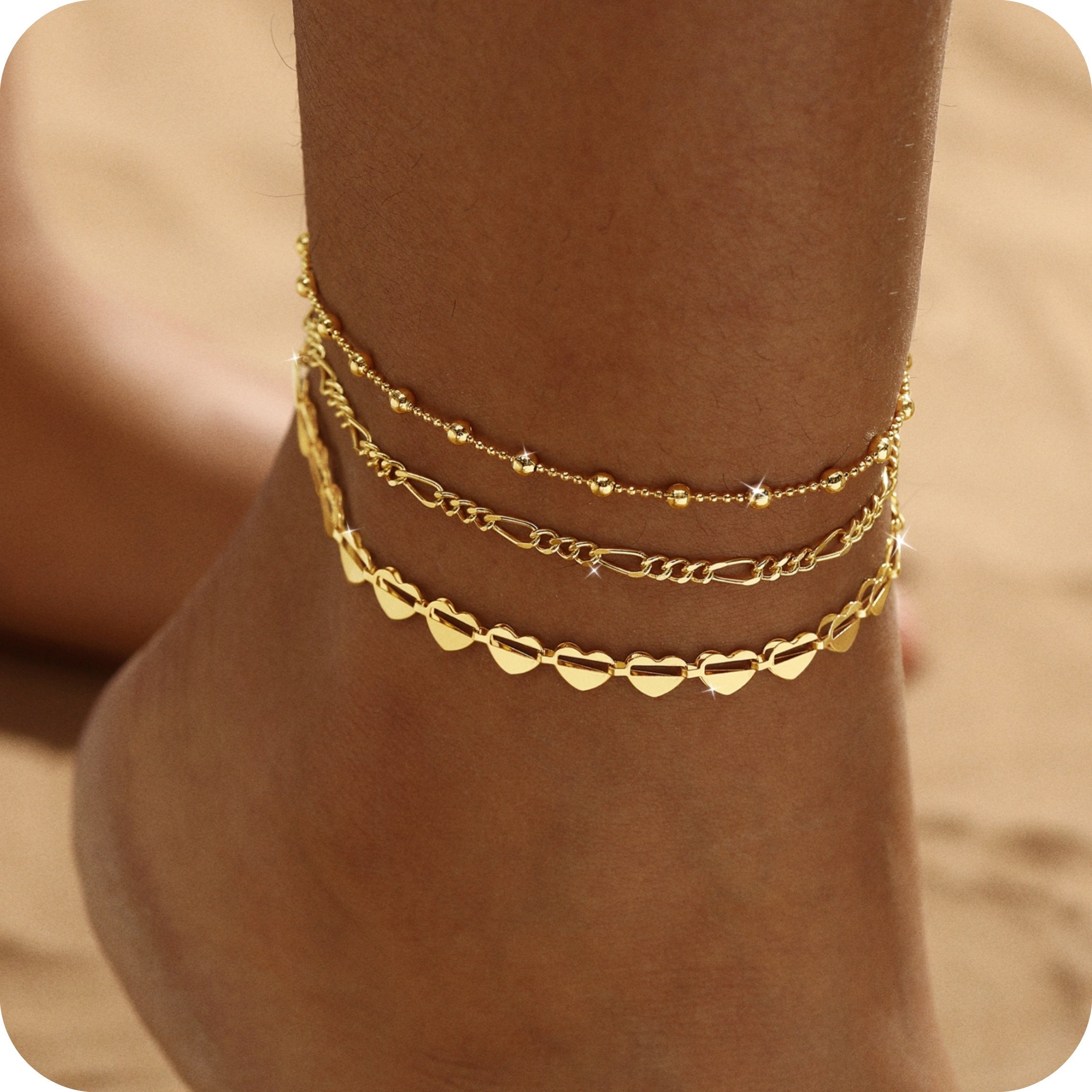 GOSFRY 14K Gold Plated Anklet Bracelets for Women Love Waterproof Stackable Set Dainty Summer Beach  Seaside Anklet Jewelry Gifts
